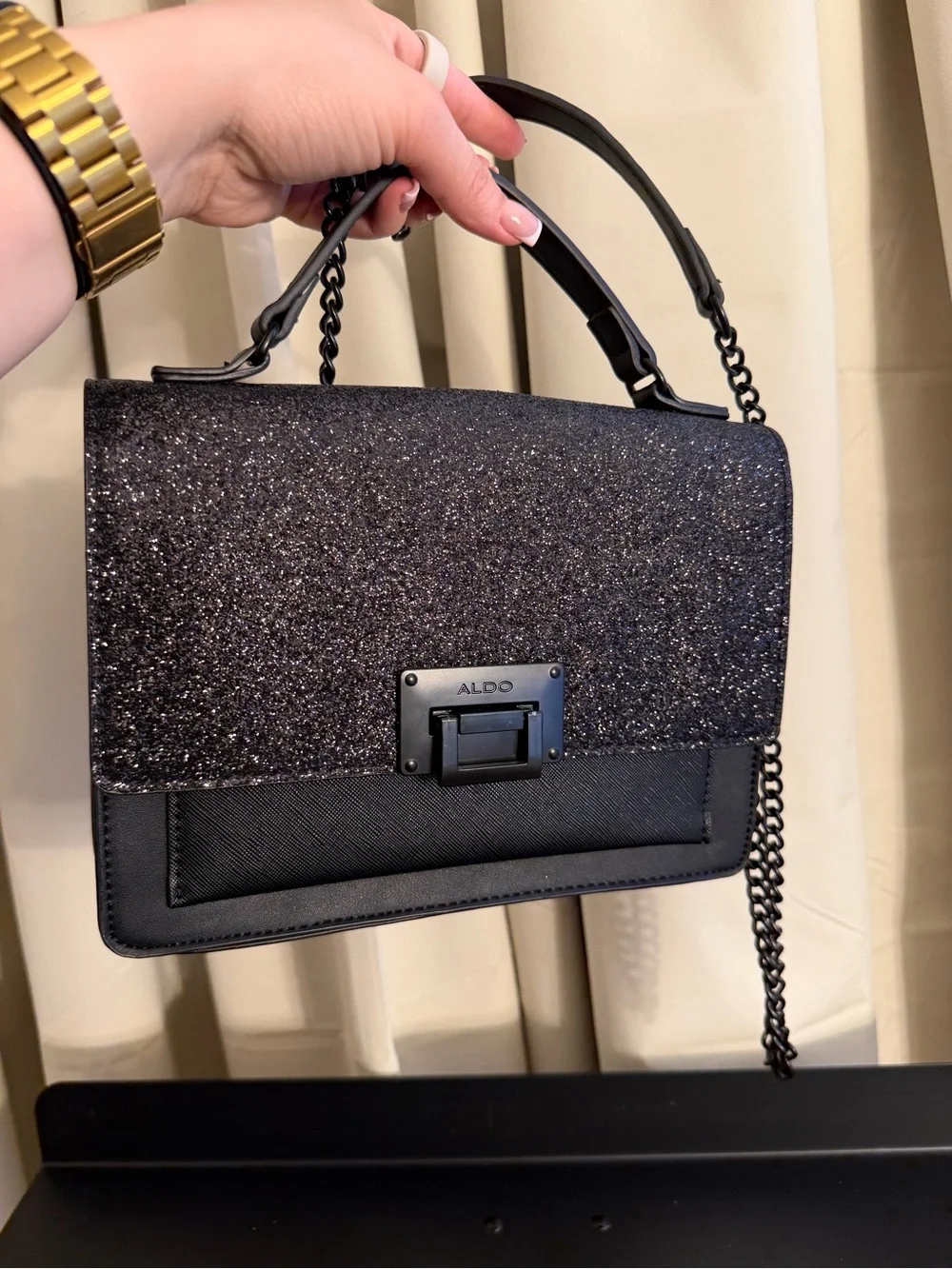 Aldo Black Glitter Top-Handle Satchel with Chain Strap